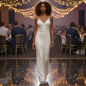 Lulu’s All-Over Sequin Maxi Dress Sz M White Party Gown Event Cruise Elegant NWT